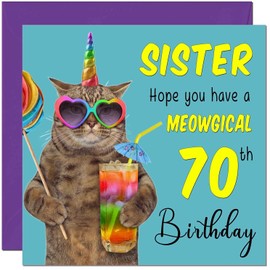 70th Sister Birthday Card - Meowgical Cat Funny Sister's Birthday Card for 70 Year old Seventy, Seventieth