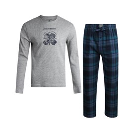 Lucky Brand Men's Pajama Set - 2 Piece Long Sleeve Waffle Knit Top and Flannel Fleece Thermal Pants - Cozy Men's Base Layers, Size Large, Grey Heather/Mood Indigo Plaid