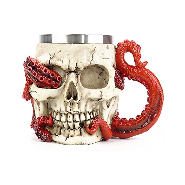 PROVIVID Skull Coffee Mugs with Handle Stainless Steel 3D Skull Beer Mug Realistic Resin Octopus Tentacle Beverage Drinking Cup Drinkware Mug Unique Gift for Men - 13oz