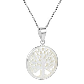 AeraVida 24mm Round Tree of Life Carved Mother of Pearl Shell Sterling Silver Necklace