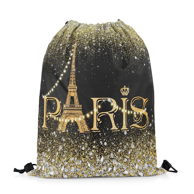 Homewish Eiffel Tower Drawstring Backpack, Black and White Bling Bling