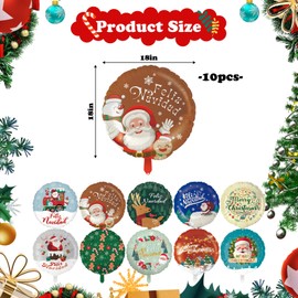 10 Pcs Christmas Foil Balloons Merry Christmas Party Balloons Decorations Santa Claus Snowman Tree Bell Candy Cane Gift Elk Reindeer Foil Balloons,Round,for Xmas Gift Birthday Party Decorations