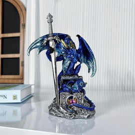 FLJZCZM Dragon Statue | Gothic Dragon Ornament, Collectible Ender Dragon Figurine | Fantasy Resin Sculpture, Dragon Gifts for Home & Office Decor Display (Blue Dragon Sword)