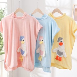 Kids' Thick Coral Fleece Hooded Bath & Beach Robe with Cute Goose Character 70*140cm/Green 4ea