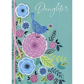 Designer Greetings Blue Bird on Large Sparkling Pink Flower, 3D Die Cut Blue Flowers, Gems and Pink Ribbon Hand Decorated Easter Card for Daughter
