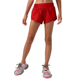 MCEDAR - Pantalones cortos deportivos para niñas con forro, pantalones cortos de secado rápido, ligeros, para entrenamiento activo y correr con bolsillo con cierre, Rojo -, Small