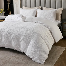 Herside Boho Tufted Duvet Cover Set Single White Farmhouse Bedding Set Lightweight Circular Tufted Design Shabby Chic Quilt Cover Microfibre Bedding Cover Set All Season with 1 Pillowcase