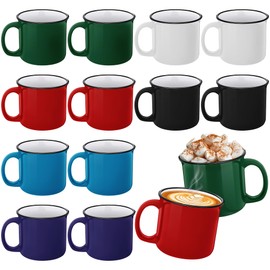TURSTIN Set of 12 Ceramic Coffee Mugs 15 oz Camping Mugs 6 Color Stoneware Cups with Handle Portable Enamel Drinking Cups Hot Cold Tea Cocoa Mugs for Christmas Gift, Home, Camping, Picnic, Travel