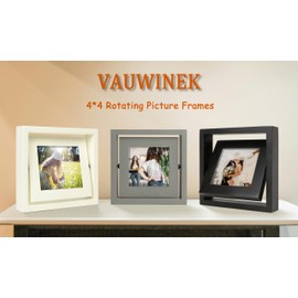 VAUWINEK 4x4 Double-Sided Rotating Floating Square Picture Frames (2 Pack, Gray), Solid Pine Wood with Real Glass for Horizontal Vertical Standing Display Desk Tabletop Photo Frames