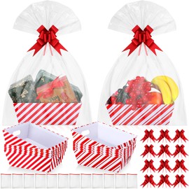 Wonderjune 12 Pcs Christmas Basket for Gifts Empty Set 9.8 x 8.3'' Large Empty Gifts Baskets to Fill,Red Candy Stripe Cardboard Basket with Handles Bows Plastic Bags for Xmas Party Holiday Decor