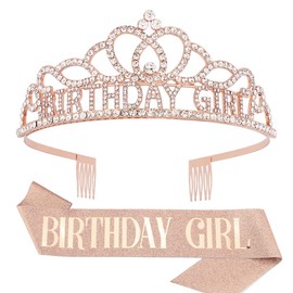 AOPRIE Birthday Crown for Women Birthday Girl Sash for Women Birthday Tiara for Women Birthday Girl Headband Princess Crown Rhinestone Happy Birthday Accessories Rose Gold