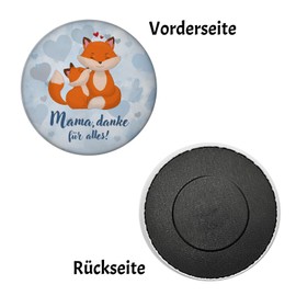 Mama, Danke für Alles magnet round with cute fox decoration for fridge and as a small thank you to the best mum for Mother's Day from the family or children