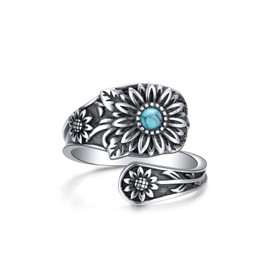 Flyow Daisy Spoon Ring for Women - Sterling Silver Vintage Oxidized Thumb Rings Victorian Turquoise Jewellery - Boho Adjustable Open Statement Rings Jewellery Gifts, Sterling Silver, Created Turquoise