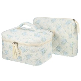 VOCOSTE 2pcs Quilted Makeup Bag, Large Capacity Cosmetic Bag, Blue Rose Makeup Bag, Cute Makeup Bag, Travel Cosmetic Bags for Women Girls, White