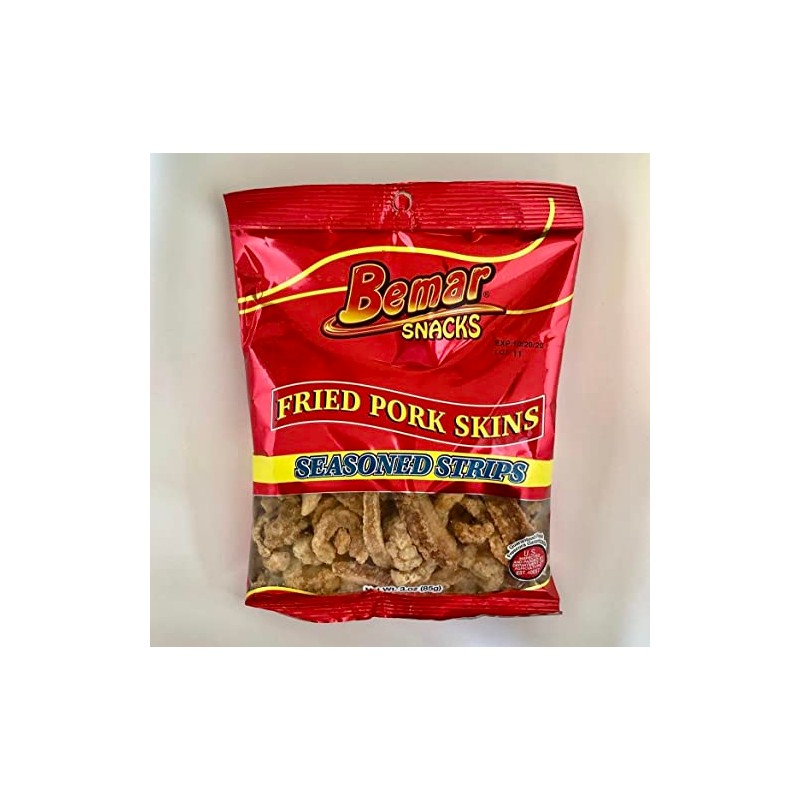 Bemar Snacks Fried Pork Skins Seasoned Strips 24 bags/3oz per