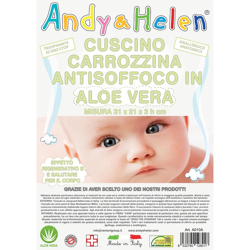 ANDY & HELEN Cuscino Culla/Carrozzina Antisoffoco con fodera in Aloe