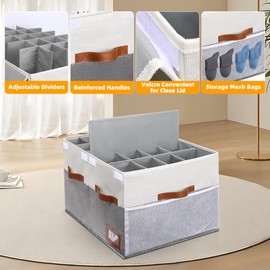 Supowin Shoe Organizer for Closet, Foldable Shoe Storage Bins with Lid & Adjustable Dividers, Fabric Shoe Box Storage Containers with Four Reinforced Handles, Fits 20 Pairs, 1 Pack, Grey