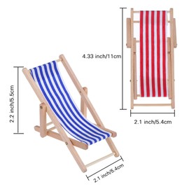 2 Pieces 1:12 Miniature Foldable Wooden Beach Chair Chaise Longue Deck Chair Mini Furniture Accessories with Red/Blue Stripe for Indoor Outdoor