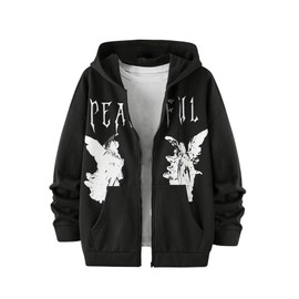 SOLY HUX Men's Graphic Zip Up Hoodies Streetwear Jacket Letter Print Long Sleeve Sweatshirt with Pocket Black Figure Small