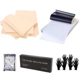 MIUXIA 330Pcs Tattoo Skin Practice KIt 10Pcs Tattoo Fake Skin 10Pcs Transfer Paper 100Pcs Tattoo Ink Caps Cups 200Pcs Tattoo Machine Covers Pen Gloves