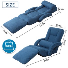 DeeLyan Foldable Lazy Sofa Bed 14-Position Adjustable Comfy Floor Chair Chaise Lounge with Armrests and Pillow with Gaming Recliner for Adults Kids with Foot Rest Futon Sofa (Blue)