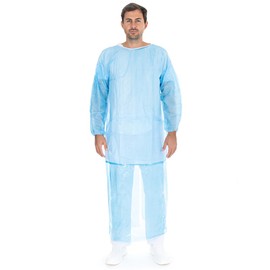 FRANZ MENSCH Hygostar duo gowns with perforation, PP/PE, white-blue, XL, length: 156 cm, circumference: 142 cm, with perforation, disposable gown, protective gown, medical gown, pack of 100