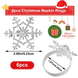 Christmas Napkin Rings, 6pcs Snowflake Napkin Buckle, Silver Napkin Ring Holder with Rhinestone for Christmas Thanksgiving Wedding Party Dinner Serviette Table Decor