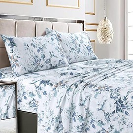 Tribeca Living Twin Bed Sheet Set, 300 Thread Count Soft Cotton Sateen, Floral Print with Extra Deep Pockets, 3-Piece Bedding Set, Vernazza Blue/Multicolor
