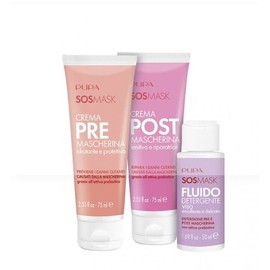 PUPA, SOS mask set (cream pre mascherina 75 ml + cream post mascherina 75 ml + fluido detergente 50 ml), 1 set.