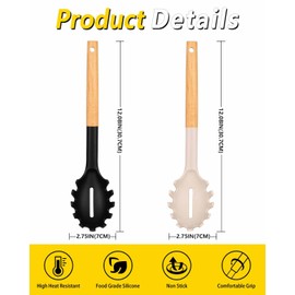 Pack of 2 Spaghetti Spoon, Silicone Pasta Fork with Wooden Handle, Heat Resistant Noodle Spoon Server, BPA Free Spaghetti Strainer(BLACK-KHAKI)