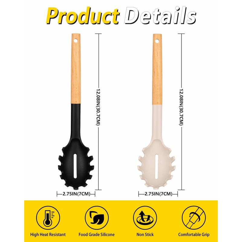 Pack of 2 Spaghetti Spoon, Silicone Pasta Fork with Wooden