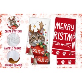 Merry Christmas Kitchen Towels Set of 2, Christmas Cat Dish Towel, Xmas Kitten Drying Dishcloths, Winter Decorations for Home Kitchen, Housewarming Hostess for Women Friend Family, 14
