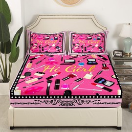 Girls Women Cosmetic Fitted Sheet Full Size,Makeup Theme Modern Fashion Lipstick Lip Bedding All-Round Elastic Pocket,Retro Abstract Flowers Print Bed Sheet 3 Pieces Fits Mattress