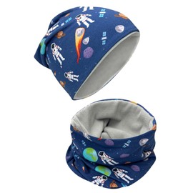 Children's Beanie Hat & Scarf Set – Many Designs – 95% Cotton – Reversible with Jersey Fabric or Fleece – Autumn Spring Winter – Soft & Easy-Care Stretch Material Boys Girls, Astronaut