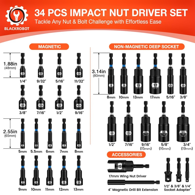BLACKROBOT Impact Magnetic Nut Driver Set, 34-Piece Metric & SAE