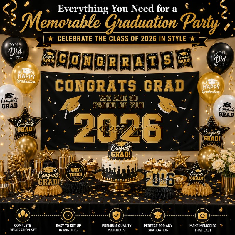 2026 Graduation Decorations Set, Gold and Black Party Supplies -