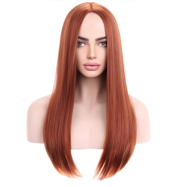 MAGQOO 20 Inches Dark Orange Wig Middle Part Long Straight Wig Ginger Hair Wigs Women Girls Cosplay Costume Party Wigs with Wig Cap (Dark Orange)