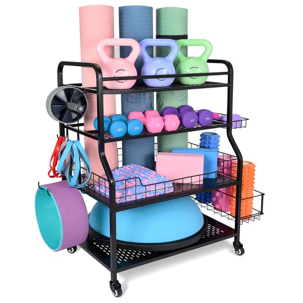 Weight Rack for Dumbbells, PeBro Dumbbell Rack Weight Stand, Home Gym Storage Rack 450lbs Weight Cap, Weight Holder Rack for Dumbbells Kettlebells Balance Ball Yoga Mat Storage with Hooks and Wheels