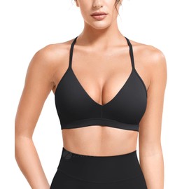 ZAAYO Sports Bra Women's Deep V Neck Y Back Push Up Sports Bra Padded Fitness Medium Impact Workout Gym Yoga Tops with Adjustable Back Straps, black, L