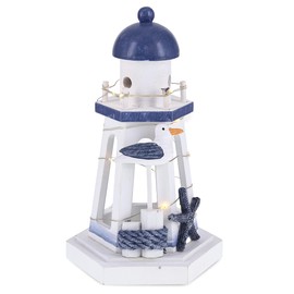 CoTa Global Ocean Blue Nautical Wooden Lantern Lighthouse With LED Lights - Table Top Centerpiece Coastal Decor For Home, Beach House, Rustic Decorative Lamp with Boat Anchor - Handmade Color May Vary
