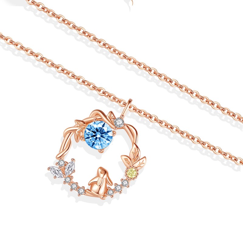 Silver Thunder Moon Rabbit Necklace, 925 Silver, Pink Gold, 12