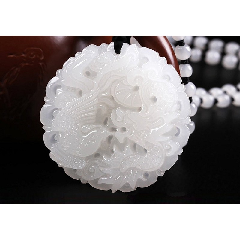 yigedan Natural White Jade Dragon Phoenix Dragon Pendant Necklace, jade,