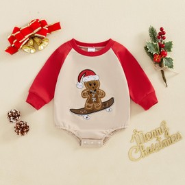 Beautooly Baby Girl Boy Cute Letter Gingerbread Man Embroidered Sweatshirt Romper Infant Newborn Christmas Outfit (Khaki Skateboard Gingerbread Man, 3-6 Months)