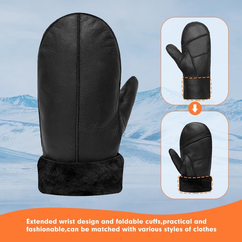 Men Winter Mittens Shearling Sheepskin Fur Lined Leather Mittens,Black,S