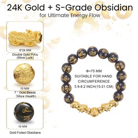 KINLNGEE Dual 24K Gold-Plated Pixiu Black Obsidian Feng Shui Bracelet,10mm