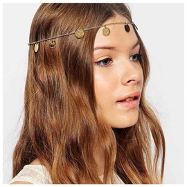 Andelaisi Boho Coin Head Chain Headband Vintage Gold Disc Hair Chain Headdress Gold Sequin Headband Headpiece Costume Hair Accessories Jewelry For Women and Girls