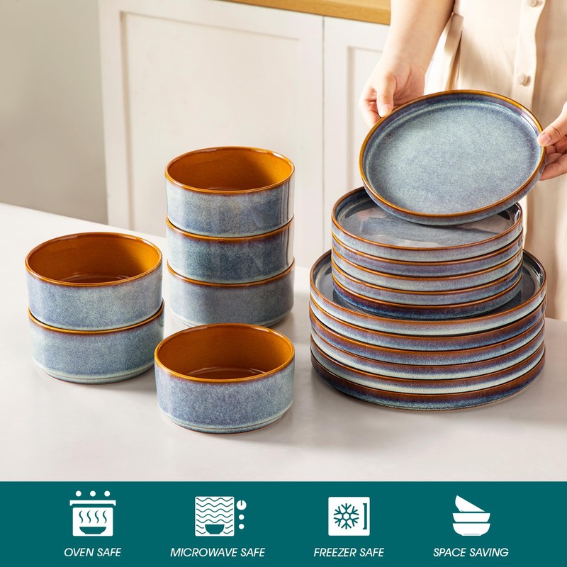 vancasso ONION Ceramic Plates and Bowls Sets, 18 Pieces Blue