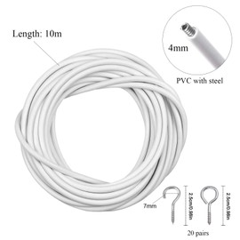 Luabue Curtain Wire White Curtain Wire 10 m Curtain Rope with 20 Pieces Eye Screws and 20 Pieces Screw Hooks Curtain Wire Rope for Curtain Rods Curtains