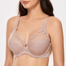 Delimira Women's Beauty Lace Non Padded Minimiser Full Figure Underwire Bra Light Brown 34HH