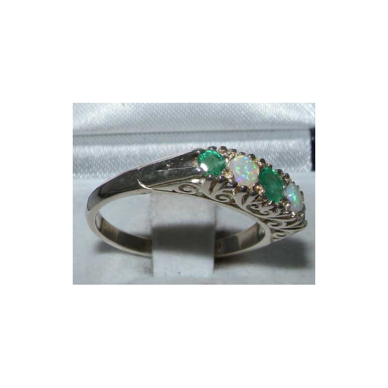 Luxury Solid Sterling Silver Natural Emerald & Opal Victorian Style